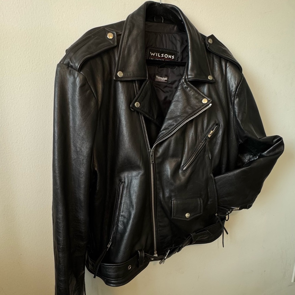1990’s Wilsons Leather Black Men's Biker Thinsulate Jacket - Picture 3 of 7